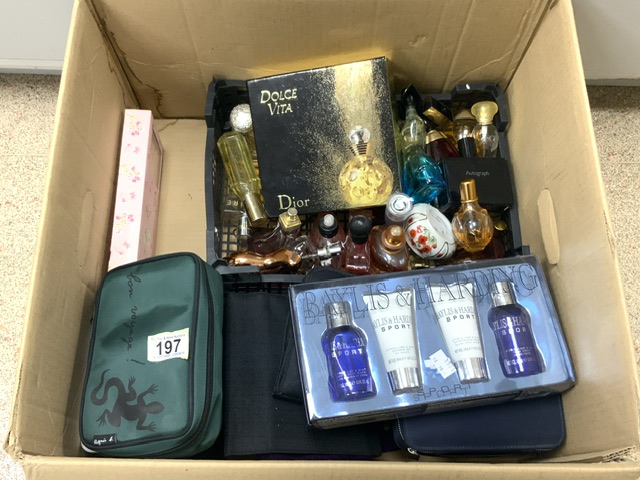 LARGE BOX OF PERFUMES AND BOTTLES AND BAGS INCLUDING CHRISTIAN DIOR