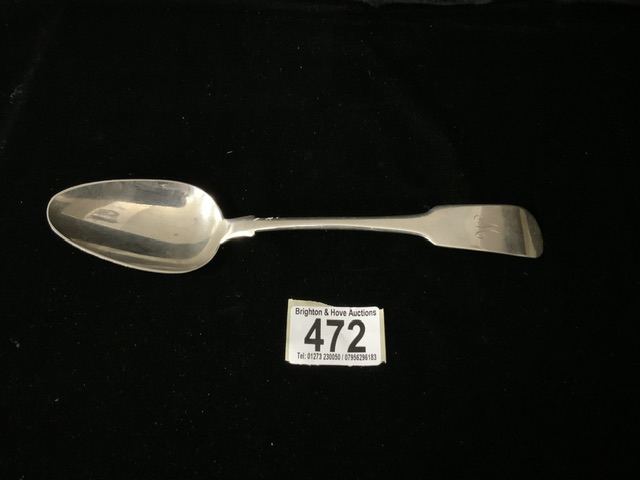 A GEORGE III STERLING SILVER FIDDLE PATTERN TABLESPOON BY RICHARD SAWYER; DUBLIN 1814; INITIALLED;