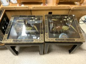 PAIR OF CHINOISERIE BLACK LACQUERED SIDE TABLES HIGHLY DECORATED