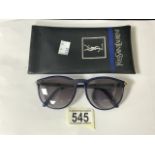 YVES SAINT LAURENT: A VINTAGE PAIR OF SUNGLASSES, BLUE FRAMES, GILT HINGES, ORIGINAL POUCH