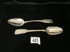 A PAIR OF GEORGE III IRISH STERLING SILVER FIDDLE PATTERN TABLESPOONS; MAKERS MARK J.K; DUBLIN