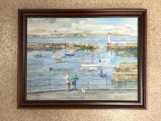 DORCIE SYKES 1973 OIL ON BOARD BOATS IN THE HARBOUR SIGNED 70 X 55CM
