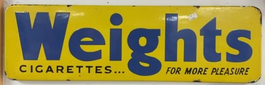 VINTAGE ENAMEL ADVERTISING SIGN WEIGHTS CIGARETTES... FOR MORE PLEASURE; 76 X 23CM
