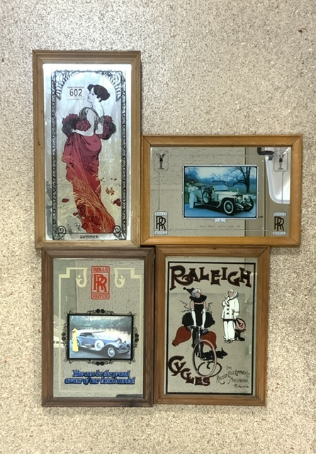 FOUR ADVERTISING MIRRORS SUMMER, RALEIGH CYCLES, ROLLS ROYCE X 2; LARGEST 41 X 22CM