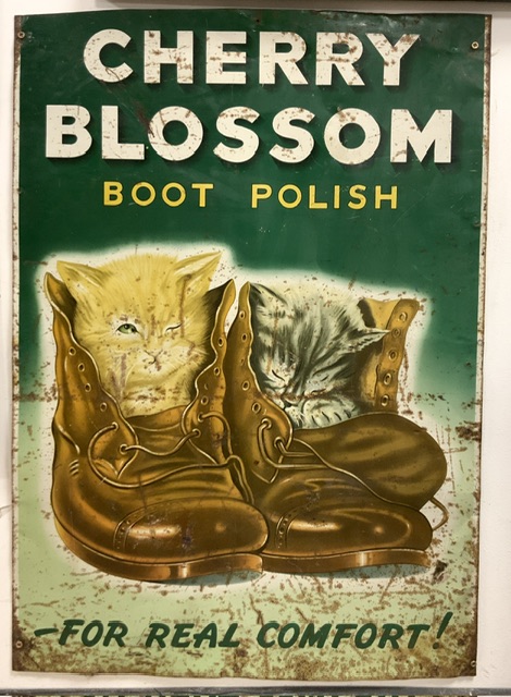 RETRO ADVERTISING SIGN 'CHERRY BLOSSOM BOOT POLISH FOR REAL COMFORT'; 69 X 48CM