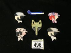 SIX VINTAGE LEA STEIN STYLE PLASTIC BROOCHES; ONLY ONE WITH UNMARKED FASTENING TO REVERSE; ONE FOX