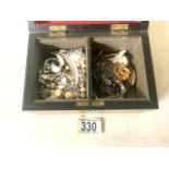 A QUANTITY OF COSTUME JEWELLERY IN A WOODEN BOX INCLUDING; A SILVER BRACELET, TWO SILVER BROOCHES, A