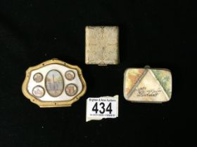 TWO VINTAGE METAL AND MOTHER OF PEARL PURSES; ONE WITH PAINTED FLORAL DECORATION; ONE WITH MINIATURE