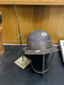 ENGLISH CROMWELL REPRODUCTION PERIOD HELMET WITH NECK GUARD AND THREE BAR FACE GUARD ON STAND