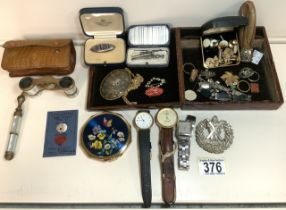 A QUANTITY OF COSTUME JEWELLERY, WATCHES, CUFFLINKS AND OTHER ITEMS INCLUDING; A COMPACT,A BROOCH,