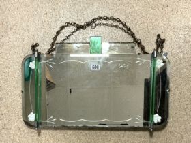 ART DECO ETCHED MIRROR WITH GREEN GLASS; 61 X 38CM