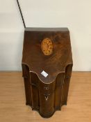 GEORGE III MAHOGANY AND BOXWOOD STRUNG AND SHELL INLAID SERPENTINE FRONT KNIFE BOX WITH ORIGINAL