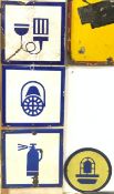 FOUR FRENCH BLUE AND WHITE AND YELLOW ENAMEL SIGNS; 30 X 30CM