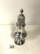 A VICTORIAN STERLING SILVER SUGAR CASTER, WALKER & HALL OVERSTRIKING ANOTHER; SHEFFIELD 1893,