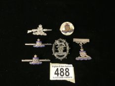 A QUANTITY OF SILVER, METAL, ENAMEL AND SHELL SWEETHEART BADGES, MOSTLY ROYAL ARTILLERY EXAMPLES;