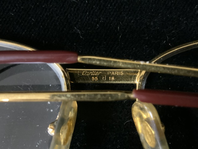 CARTIER: A CASED PAIR OF VINTAGE GLASSES, THE NOSE BRIDGE MARKED 'CARTIER PARIS 55 18', THE HINGES - Image 3 of 4