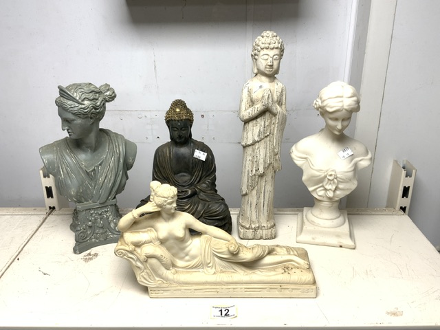 FIVE SCULPTURES INCLUDES TWO BUDDHAS; LARGEST 40CM