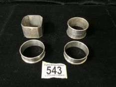 FOUR STERLING SILVER NAPKIN RINGS COMPRISING; A PAIR BY H. GRIFFITHS & SONS; BIRMINGHAM 1940/1, AN