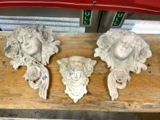 PAIR OF RECLAIMED GARDEN WALL POCKETS (ART NOUVEAU STYLE MAIDENS) 37CM WITH ONE OTHER