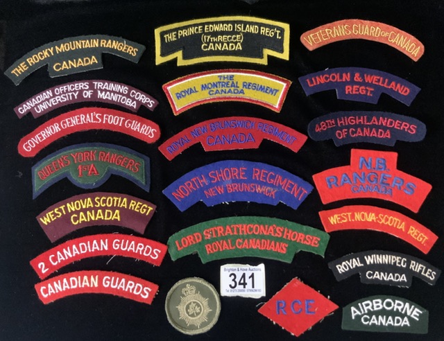 A QUANTITY OF CANADIAN MILITARY CLOTH BADGES INCLUDING; ROCKY MOUNTAIN RANGERS, QUEENS YORK RANGERS,