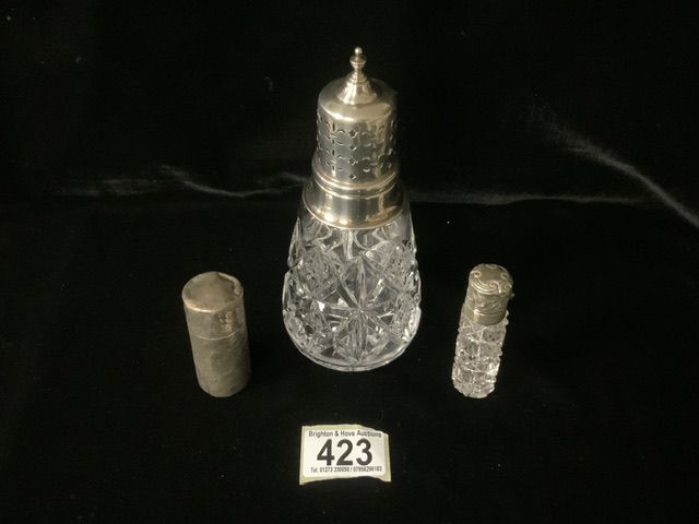 A VICTORIAN STERLING SILVER SCENT BOTTLE; CHESTER 1896, CYLINDRICAL FORM, ENGRAVED SCROLL