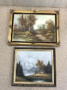 TWO OIL ON CANVAS PICTURES OF MOUNTAINOUS AND WOODLAND SCENES BOTH SIGNED AND BOTH WITH GILDED