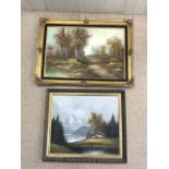 TWO OIL ON CANVAS PICTURES OF MOUNTAINOUS AND WOODLAND SCENES BOTH SIGNED AND BOTH WITH GILDED