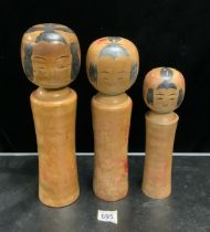 THREE SIGNED JAPANESE KOKESHI NARUKO DOLL; LARGEST 41CM