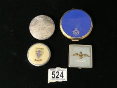 FOUR VINTAGE METAL COMPACTS, COMPRISING; TWO RAF EXAMPLES, ONE, BY STRATTON, CIRCULAR WITH BLUE