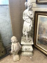 TWO RECLAIMED GARDEN STATUES AND PLINTH LARGEST 80CM