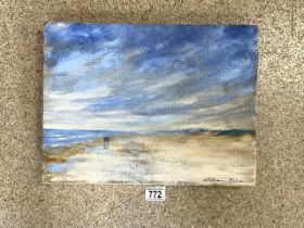 WILLIAM THOMAS SIGNED OIL ON CANVAS WALKING ON THE BEACH UNFRAMED 40.5 X 30.5 CM