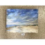 WILLIAM THOMAS SIGNED OIL ON CANVAS WALKING ON THE BEACH UNFRAMED 40.5 X 30.5 CM