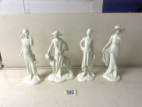 FOUR ROYAL WORCESTER FIGURINES; DAISY 1922, DIANA 1921, CLARA 1925 AND MILLIE 1926; 21CM