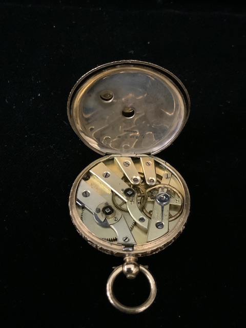 A VINTAGE SWISS 14 CARAT GOLD CASED LADIES FOB WATCH; MARKED 14 K; THE DIAL WITH ROMAN NUMERALS - Image 2 of 2