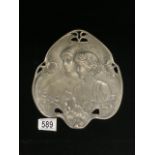 AN ART NOUVEAU PEWTER DISH, SHAPED TREFOIL FORM, EMBOSSED WITH FEMALES IN PROFILE,AND STYLISED