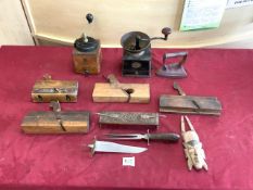 MIXED MAINLY WOODEN ITEMS COFFEE GRINDER, WORKMANS PLANE AND MORE