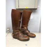 PAIR OF LEATHER MILITARY RUSSET BROWN HOBNAIL RIDING BOOTS; SIZE 9