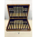 SET OF TWELVE PLATED AND ENGRAVED FISH KNIVES AND FORKS BY MAPPIN BROTHERS (WALNUT CASED)