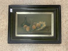 S WAGNER EMBOSSED LEATHER PAINTED PICTURE STILL LIFE FRAMED AND GLAZED 38 X 28CM