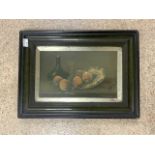 S WAGNER EMBOSSED LEATHER PAINTED PICTURE STILL LIFE FRAMED AND GLAZED 38 X 28CM