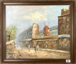 BURNETT - SIGNED OIL ON BOARD PARISIAN STREET SCENE INCLUDING MOULIN ROUGE 66 X 56CM