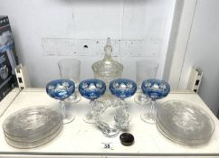 FOUR BOHEMIAN BLUE DRINKING GLASSES WITH MIXED ANTIQUE ETCHED GLASSWARE AND MORE