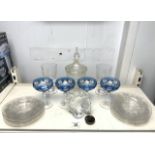 FOUR BOHEMIAN BLUE DRINKING GLASSES WITH MIXED ANTIQUE ETCHED GLASSWARE AND MORE