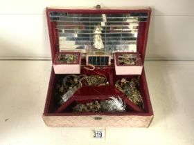 A QUANTITY OF COSTUME JEWELLERY IN A LARGE VINTAGE MUSICAL JEWELLERY BOX, INCLUDING WATCHES,