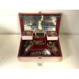 A QUANTITY OF COSTUME JEWELLERY IN A LARGE VINTAGE MUSICAL JEWELLERY BOX, INCLUDING WATCHES,