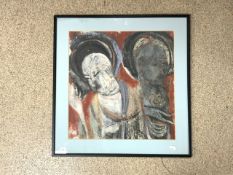 CHINESE FRAMED AND GLAZED PASTEL PICTURE SIGNED 65 X 63CM