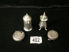 A STERLING SILVER PEPPER POT; CHESTER 1920; PIERCED DECORATION; BLUE GLASS LINER, ANOTHER STERLING