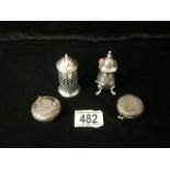 A STERLING SILVER PEPPER POT; CHESTER 1920; PIERCED DECORATION; BLUE GLASS LINER, ANOTHER STERLING