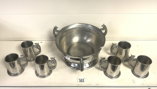 HUNTING INTEREST; AN IRISH PEWTERMILL PUNCH BOWL AND SIX TANKARDS, EACH HANDLE MODELLED AS A FOX,