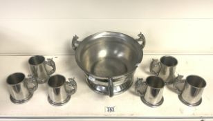 HUNTING INTEREST; AN IRISH PEWTERMILL PUNCH BOWL AND SIX TANKARDS, EACH HANDLE MODELLED AS A FOX,